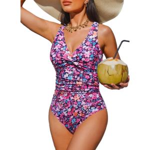 imageHolipick Women Tummy Control One Piece Swimsuit  Push Up Bathing Suit Full Coverage Slimming SwimwearPink Flower