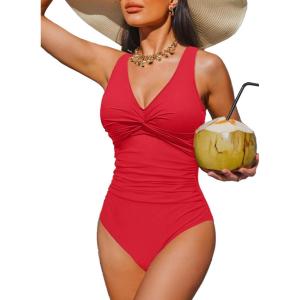 imageHolipick Women Tummy Control One Piece Swimsuit  Push Up Bathing Suit Full Coverage Slimming SwimwearRed
