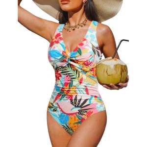 imageHolipick Women Tummy Control One Piece Swimsuit  Push Up Bathing Suit Full Coverage Slimming SwimwearTropical Floral
