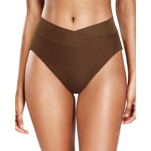 imageHolipick High Waisted Bikini Bottoms  V Cut Bathing Suit Bottom Moderate Coverage Swim BottomBrown