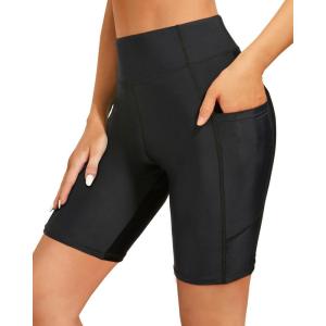 imageHolipick Women High Waisted Swim Shorts Tummy Control Biker Shorts with Pockets Swim BottomsBlack