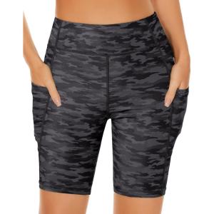 imageHolipick Women High Waisted Swim Shorts Tummy Control Biker Shorts with Pockets Swim BottomsBlack Camo