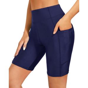 imageHolipick Women High Waisted Swim Shorts Tummy Control Biker Shorts with Pockets Swim BottomsNavy Blue