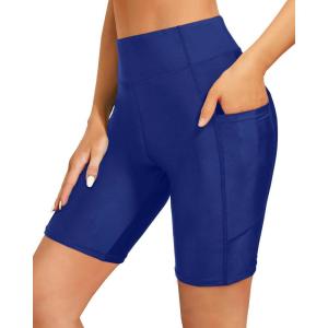 imageHolipick Women High Waisted Swim Shorts Tummy Control Biker Shorts with Pockets Swim BottomsRoyal Blue