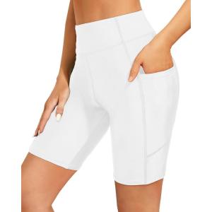 imageHolipick Women High Waisted Swim Shorts Tummy Control Biker Shorts with Pockets Swim BottomsWhite