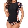 imageHolipick 2 Piece Short Sleeve Rash Guard Women Zip Up Swimsuits SPF Swim Shirts with Built in BraBlack Floral