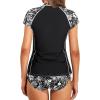 imageHolipick 2 Piece Short Sleeve Rash Guard Women Zip Up Swimsuits SPF Swim Shirts with Built in BraBlack White Floral