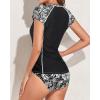 imageHolipick 2 Piece Short Sleeve Rash Guard Women Zip Up Swimsuits SPF Swim Shirts with Built in BraBlack White Floral