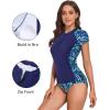 imageHolipick 2 Piece Short Sleeve Rash Guard Women Zip Up Swimsuits SPF Swim Shirts with Built in BraBlue Leaf