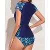 imageHolipick 2 Piece Short Sleeve Rash Guard Women Zip Up Swimsuits SPF Swim Shirts with Built in BraBlue Leaf