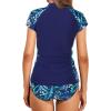 imageHolipick 2 Piece Short Sleeve Rash Guard Women Zip Up Swimsuits SPF Swim Shirts with Built in BraBlue Leaf
