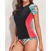imageHolipick 2 Piece Short Sleeve Rash Guard Women Zip Up Swimsuits SPF Swim Shirts with Built in BraFlower Print