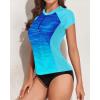imageHolipick 2 Piece Short Sleeve Rash Guard Women Zip Up Swimsuits SPF Swim Shirts with Built in BraLight Blue Gradient