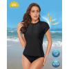 imageHolipick 2 Piece Short Sleeve Rash Guard Women Zip Up Swimsuits SPF Swim Shirts with Built in BraSolid Black