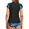 imageHolipick Two Piece Short Sleeved Rash Guard Cap Sleeve Bathing Suit Zipper Swimsuit Bulid in Bra Swim Shirt WomenBlack Blue Leaves