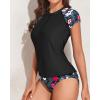 imageHolipick Two Piece Short Sleeved Rash Guard Cap Sleeve Bathing Suit Zipper Swimsuit Bulid in Bra Swim Shirt WomenBlack Floral