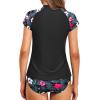 imageHolipick Two Piece Short Sleeved Rash Guard Cap Sleeve Bathing Suit Zipper Swimsuit Bulid in Bra Swim Shirt WomenBlack Floral