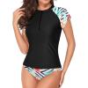 imageHolipick Two Piece Short Sleeved Rash Guard Cap Sleeve Bathing Suit Zipper Swimsuit Bulid in Bra Swim Shirt WomenBlack Palm Leaves