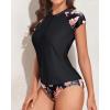 imageHolipick Two Piece Short Sleeved Rash Guard Cap Sleeve Bathing Suit Zipper Swimsuit Bulid in Bra Swim Shirt WomenBlack and Flowers