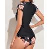 imageHolipick Two Piece Short Sleeved Rash Guard Cap Sleeve Bathing Suit Zipper Swimsuit Bulid in Bra Swim Shirt WomenBlack and Flowers