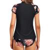 imageHolipick Two Piece Short Sleeved Rash Guard Cap Sleeve Bathing Suit Zipper Swimsuit Bulid in Bra Swim Shirt WomenBlack and Flowers