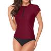 imageHolipick Two Piece Short Sleeved Rash Guard Cap Sleeve Bathing Suit Zipper Swimsuit Bulid in Bra Swim Shirt WomenBlack and Wine
