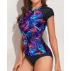 imageHolipick Two Piece Short Sleeved Rash Guard Cap Sleeve Bathing Suit Zipper Swimsuit Bulid in Bra Swim Shirt WomenBlue Purple Leaves