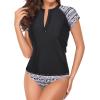 imageHolipick Two Piece Short Sleeved Rash Guard Cap Sleeve Bathing Suit Zipper Swimsuit Bulid in Bra Swim Shirt WomenGeometric