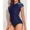 imageHolipick Two Piece Short Sleeved Rash Guard Cap Sleeve Bathing Suit Zipper Swimsuit Bulid in Bra Swim Shirt WomenLeaves Blue