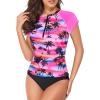 imageHolipick Two Piece Short Sleeved Rash Guard Cap Sleeve Bathing Suit Zipper Swimsuit Bulid in Bra Swim Shirt WomenPink Coconut Tree