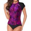 imageHolipick Two Piece Short Sleeved Rash Guard Cap Sleeve Bathing Suit Zipper Swimsuit Bulid in Bra Swim Shirt WomenPurple Leaf