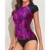 imageHolipick Two Piece Short Sleeved Rash Guard Cap Sleeve Bathing Suit Zipper Swimsuit Bulid in Bra Swim Shirt WomenPurple Leaf