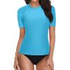 imageHolipick Two Piece Women Short Sleeve Rash Guard Swimsuit UPF50 Swim Shirt Bathing Suit with Bikini Bottom for Teen GirlsAqua Blue