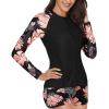 imageHolipick Women 2 Piece Long Sleeve Rash Guard Swimsuit Sun Protection Bathing Suit Zip up Swim Shirt with ShortsBlack Floral Print