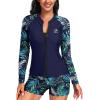 imageHolipick Women 2 Piece Long Sleeve Rash Guard Swimsuit Sun Protection Bathing Suit Zip up Swim Shirt with ShortsBlue Leaf