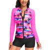 imageHolipick Women 2 Piece Long Sleeve Rash Guard Swimsuit Sun Protection Bathing Suit Zip up Swim Shirt with ShortsPink Coconut Tree