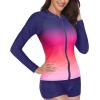 imageHolipick Women 2 Piece Long Sleeve Rash Guard Swimsuit Sun Protection Bathing Suit Zip up Swim Shirt with ShortsPink Gradient
