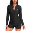 imageHolipick Women 2 Piece Long Sleeve Rash Guard Swimsuit Sun Protection Bathing Suit Zip up Swim Shirt with ShortsSolid Black