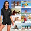 imageHolipick Women 2 Piece Rash Guard Short Sleeve Swimsuit with Shorts Full Zipper SPF Swim ShirtsBlack