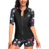 imageHolipick Women 2 Piece Rash Guard Short Sleeve Swimsuit with Shorts Full Zipper SPF Swim ShirtsBlack Floral