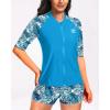 imageHolipick Women 2 Piece Rash Guard Short Sleeve Swimsuit with Shorts Full Zipper SPF Swim ShirtsBlue Leaves