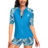 imageHolipick Women 2 Piece Rash Guard Short Sleeve Swimsuit with Shorts Full Zipper SPF Swim ShirtsBlue Leaves