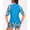 imageHolipick Women 2 Piece Rash Guard Short Sleeve Swimsuit with Shorts Full Zipper SPF Swim ShirtsBlue Leaves