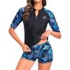 imageHolipick Women 2 Piece Rash Guard Short Sleeve Swimsuit with Shorts Full Zipper SPF Swim ShirtsBlue Tropical