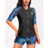 imageHolipick Women 2 Piece Rash Guard Short Sleeve Swimsuit with Shorts Full Zipper SPF Swim ShirtsBlue Tropical