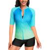 imageHolipick Women 2 Piece Rash Guard Short Sleeve Swimsuit with Shorts Full Zipper SPF Swim ShirtsGradient Blue
