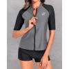imageHolipick Women 2 Piece Rash Guard Short Sleeve Swimsuit with Shorts Full Zipper SPF Swim ShirtsGrey and Black