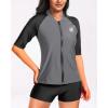 imageHolipick Women 2 Piece Rash Guard Short Sleeve Swimsuit with Shorts Full Zipper SPF Swim ShirtsGrey and Black