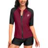 imageHolipick Women 2 Piece Rash Guard Short Sleeve Swimsuit with Shorts Full Zipper SPF Swim ShirtsShort Sleeve Purple