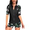 imageHolipick Women 2 Piece Rash Guard Short Sleeve Swimsuit with Shorts Full Zipper SPF Swim ShirtsWhite Flower